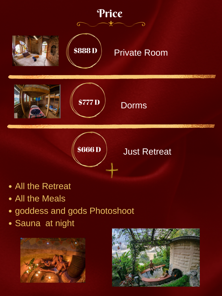 Price? • All the Retreat • All the Meals • goddess and gods Photoshoot • Sauna at night